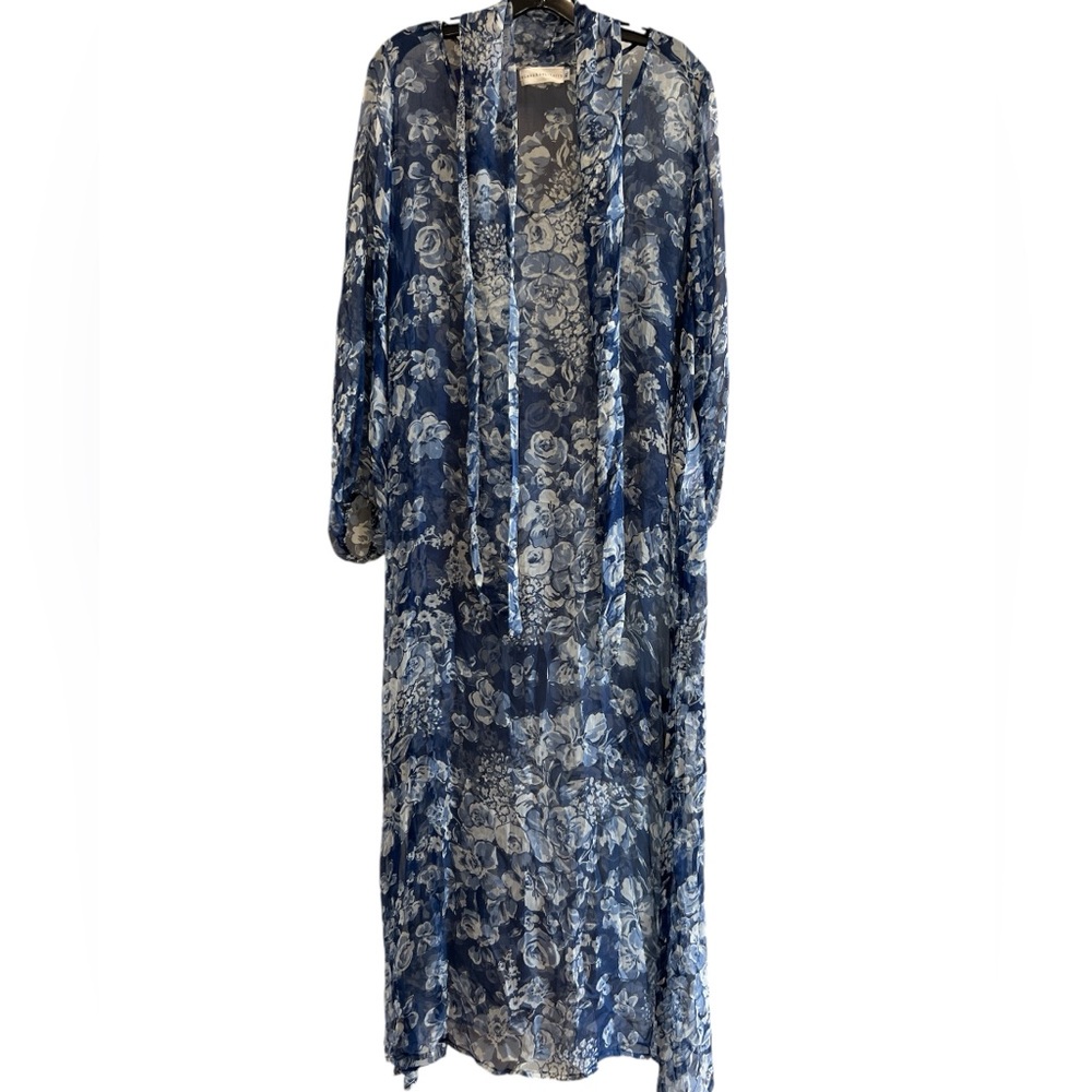 100% Silk For Love and Liberty Blue & White Sheer FloralTunic/Caftan Neck Tie XL